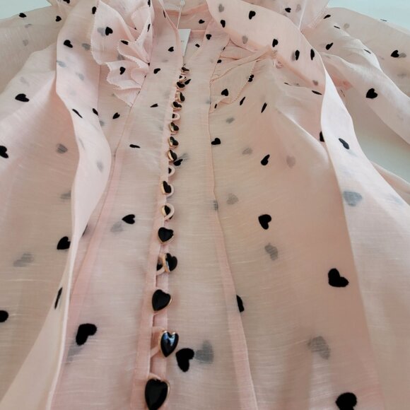 Zimmermann Crush Embroidered Frill Silk Linen Blouse Pink Hearts 💕NWT size AU 2 - Picture 9 of 10